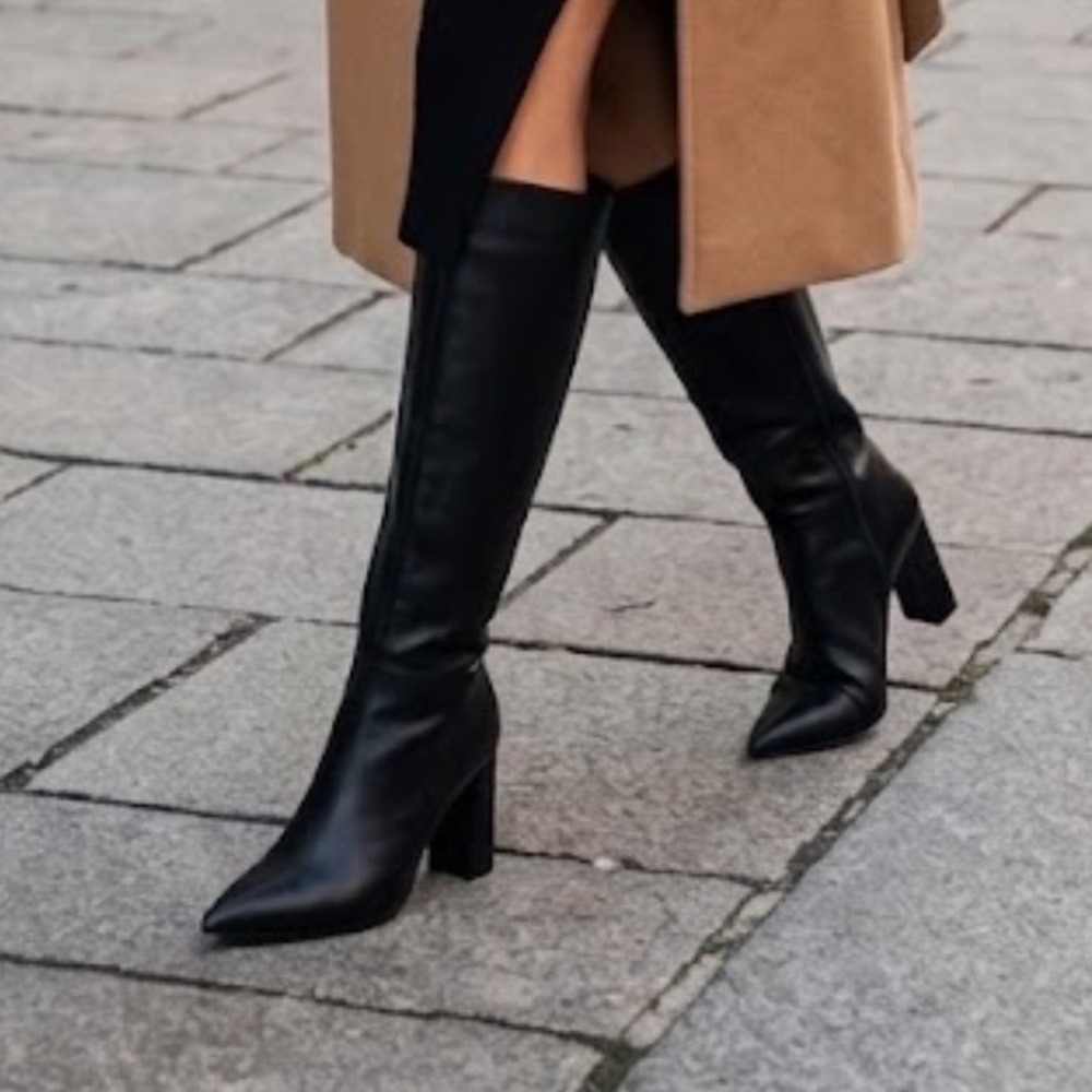 Wild pair Black Pointed Toe Block Heel Knee High Boots Extra Wide Calf 10W-XWC